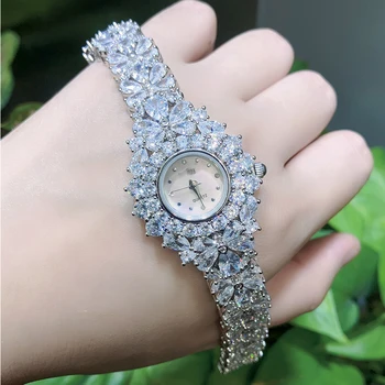014467 יוקרה של נשים שעונים מעוקב זירקון אלמנטים קריסטל שעון צמיד חתונה מסיבה אופנה הכלה שעונים תכשיטים להגדיר