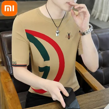 2023 Xiaomi עילית סרוג צוואר עגול חולצת גברים עור ידידותי לנשימה זיעה קליטת אותיות דבורה רקמה שרוול קצר