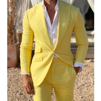 2023 צהוב פשתן החוף חליפות גברים Slim Fit 2 חתיכה החתונה החתן טוקסידו לשיא דש האופנה הגברי תחפושת בלייזר עם מכנסיים