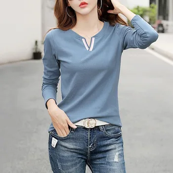 2023 צוואר V 100% כותנה חולצת אישה אביב אופנה חולצת שרוול ארוך לנשים חולצה רופף בסגנון קוריאני של נשים חולצות