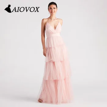 AIOVOX Ruched V-צוואר רשמית נשף שמלה פשוטה שכבות קפלים טול שמלת ערב קריס-קרוס פתח חזרה Vestido De Noche לנשים