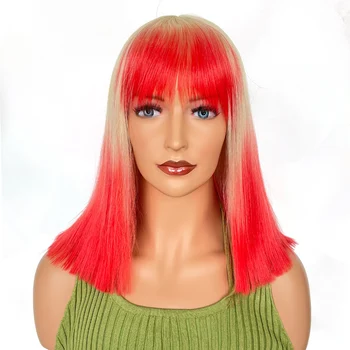 BCHR אדום קצר פאות לנשים עם שיער טבעי סינטטי ישר פאה עם פוני