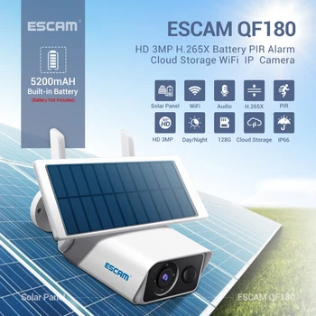 ESCAM QF180 H. 265 3MP אלחוטית PIR זיהוי תנועה בלילה גרסה אחסון ענן Twoway אודיו 128G סולארי סוללה מצלמה IP66