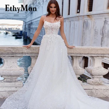 Ethymon יוקרה טול חתונה כלה שמלת הצווארון המרובע רצועות ספגטי תחרה, אפליקציות ללא משענת Vestidos דה נוביה בהתאמה אישית