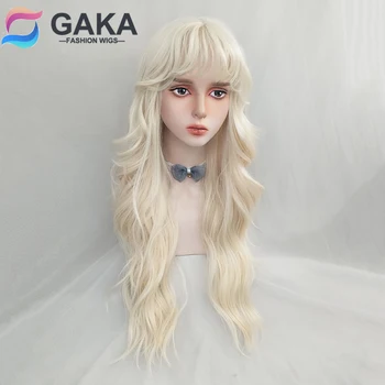 GAKA נשים גלי ארוך שיער סינטטי כחול פאה עם פוני מתוק ומקסים פלאפי טמפרטורה גבוהה בלונדינית משי