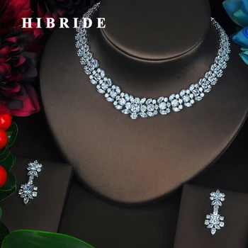 HIBRIDE יוקרה אלגנטית מלאה CZ אבן תכשיטי כלה מגדיר עבור נשים 2 יח ' שרשרת סט תכשיטים לחתונה שמלת אבזרים N-380