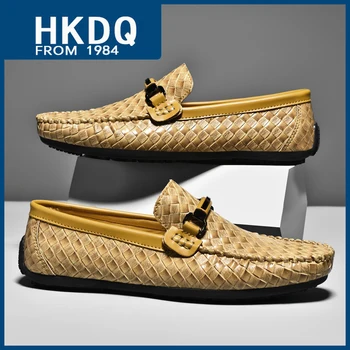 HKDQ חדש בקיץ עור אריגה של גברים נעלי מגמה נאה לנשימה גברים נהיגה נעליים נוחות אנטי-סליפ מקרית נעלי גבר