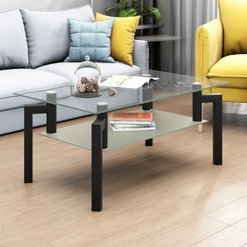 Hommoo עץ זכוכית מחוסמת גבי שולחן קפה מלבני W/ מדף, מרכז השולחן בסלון, קפה זכוכית שחורה