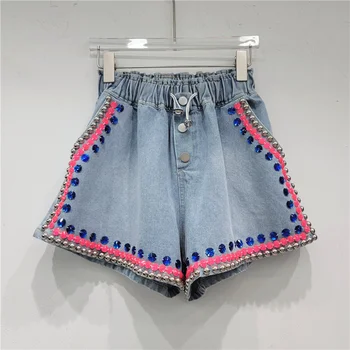 QNPQYX חדש לנשים ורוד צבעוני חרוזים מכנסי ג 'ינס קצרים גבוהה המותניים אופנה שרוך רחב הרגל חמה קצר ג' ינס קיץ חדש אופנת רחוב