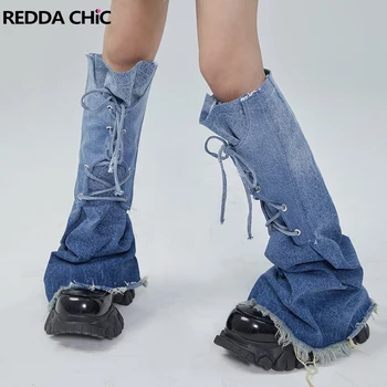 REDDACHiC סמל כחול שיפוע הרגל Wamers כתפיות ג ' ינס מגפי לכסות את האזיקים Y2k Acubi האופנה השוות ילדה חותלות התלקחה זמן גרביים