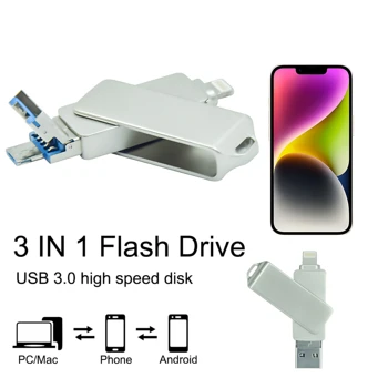 USB 3.0 Flash Drive 64GB 128GB עבור iphone ipad אנדרואיד 32GB 256GB Pendrive 3 ב-1 Siliver מקל זיכרון ברק כונן עט