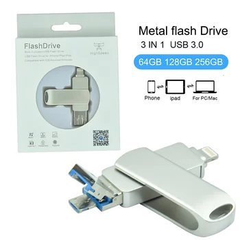 USB 3.0 Flash Drive ברק 64GB 128GB כונן כונן פלאש לאייפון אייפד אנדרואיד Pendrive 3 ב-1 pendrive 32GB 256GB