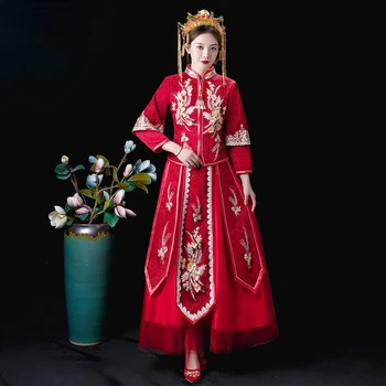 Xiuhe רטרו סיני שמלת החתונה EmbroideryTraditional Cheongsam סגנון מזרחי צ ' יפאו שמלת ליידי החתונה הכלה מסיבת תחפושות