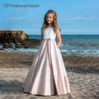 YZYmanualroom ללא שרוולים תחרה, סאטן פרח ילדה שמלות 2023 תחרה Junior שושבינה שמלה קונצרט יום ההולדת שמלת ילדה