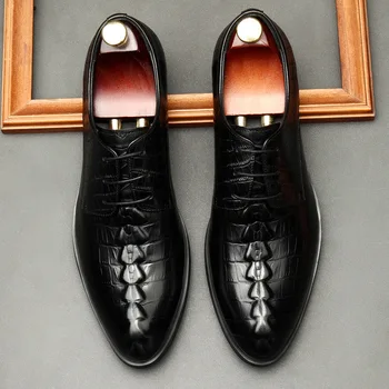 איטליה גברים עסקי עור אמיתי נעלי אופנה חתונה אוקספורד שרוכים הבוהן מחודד שחור תנין דפוס Brogues להתלבש נעליים