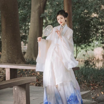 אישית המקורי Hanfu בגדי נשים מינג-עשוי שלושה חלקים קפלים חצאית עם סטנד-אפ צווארון ומלוכסנות קרדיגן סריג