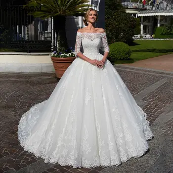אלגנטי הסירה הצוואר 2 חתיכות שמלת נשף שמלות חתונה 2023 חצי שרוולים תחרה, אפליקציות חרוזים נשים שמלות כלה Vestido De Noiva