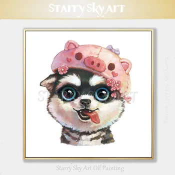 אמן יד-צבוע סוגים של חיות מקסימות ציור שמן חמוד כלב האסקי התינוק עם חזיר חיות ציור שמן על קישוט הקיר