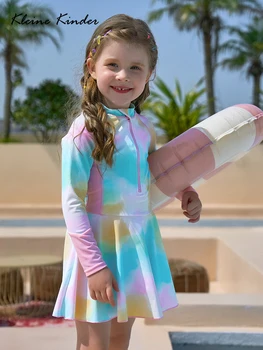 הבחורה בגדי ים מקשה אחת של הילדים פריחה שומר שרוול ארוך הילד חצאית בגד ים UPF50+ הגנת UV חוף בריכה השמלה