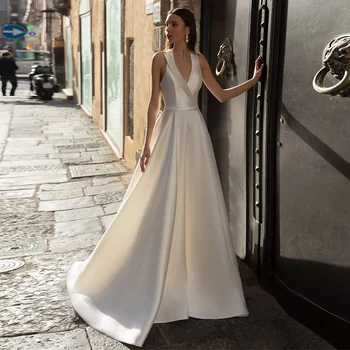 הכלה סאטן שמלות 2021 הקולר שרוולים כפתור חזרה קו לבן שנהב שמלת הכלה Vestido de נוביה