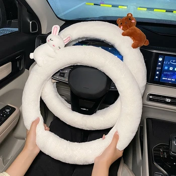 המכונית כיסוי גלגל הגה פלאפי בחורף קטיפה מצוירת חמוד ארנב דוב אוניברסלי ללא כיסוי מחוממת אביזרי רכב פנימיים