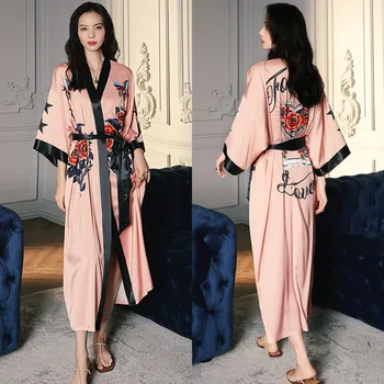 יוקרה נשים משי סאטן קימונו גלימות ארוכות הלבשת לילה חלוק סינית בסגנון פרחוני הדפסה מסיבת חתונה שמלת שושבינה רחצה