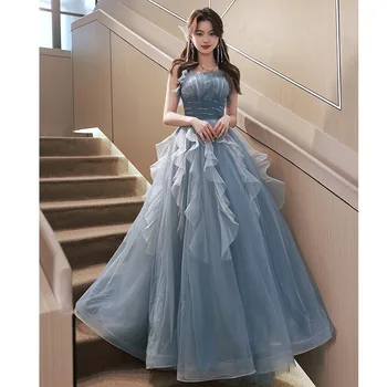 כחול תחרה שמלת ערב פרל עיצוב גבוהה עם קו מותן נשים סולו ביצועים השמלה תלמיד סיום השמלה סאן סדרה שמלת ערב