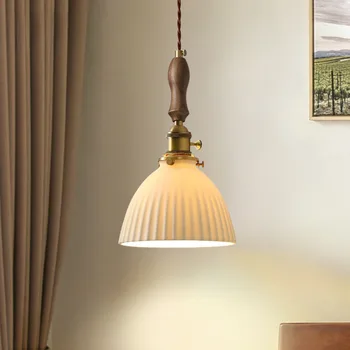 מודרני אורות תליון הנורדי, קרמיקה, נחושת, עץ ברזל הביתה LED תליית מנורה חי בחדר האוכל ידית מתג השינה E27 מקורה