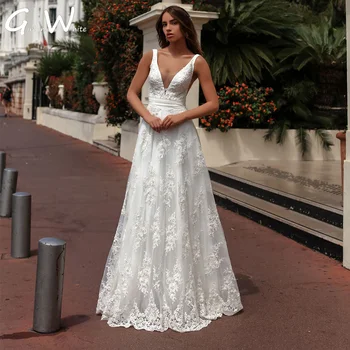 מודרני קו צוואר V שמלת החתונה טנק שרוולים שמלת הכלה עם פנינים אפליקציות רכבת לטאטא שמלת כלה vestidos דה נוביה