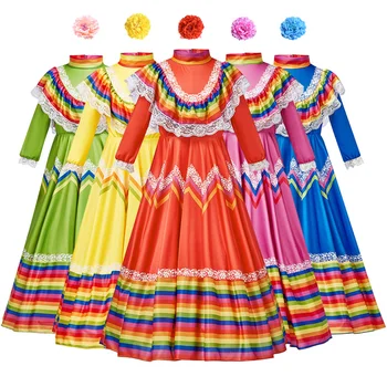 מקסיקני רוקד את שמלת נשים בנות ארוך שרוול תחרה מכפלת קשת, צבע פסים הבמה תחפושות קוספליי