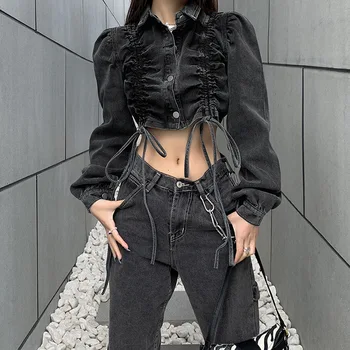 נשים אביב סתיו פעיל סגנון רחוב מכירה חמה שרוך אופנה ג 'ינס Mujer מעיל אופנה העליון עם קפלים כפתור 'קט ג' ינס.