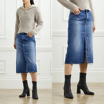 נשים וינטאג 'עם קו מותן גבוה שסף ג' ינס חצאית אופנה מתאימים midi חצאית 2023 חדש