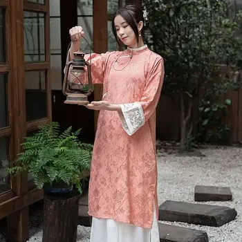 סתיו אלגנטית ורוד אקארד סאטן ארוכה עם שרוולים Cheongsam שמלת בגדי נשים בסגנון סיני תה השמלה וייטנאמי השמלה צ ' יפאו