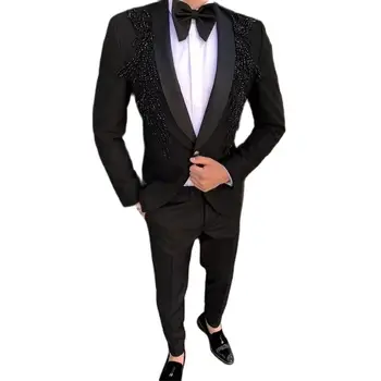 פאר חרוזים חליפות גברים נשף מסיבת בלייזר האחרונות עיצוב תלבושות Homme Terno Masculino החתן לובש החתונה 2 יח '(ז ' קט+מכנסיים)