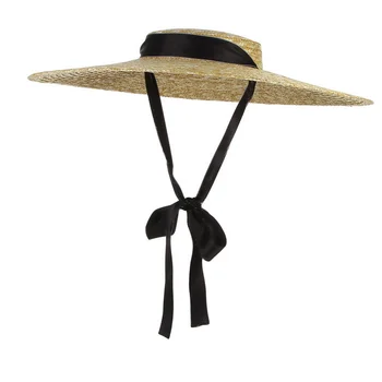 קיץ גדול טבעי חיטה כובעים לנשים Handmad שוליים רחבים, חוף מגן כובעים אלגנטיים העליון השטוח זמן סרט תחרה למעלה כובע השמש
