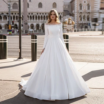 רשמית הכלה שמלת כלה עם שרוול ארוך קו סקופ עם אפליקציה לבן שמלת כלה עבור אישה פשוטה Vestido De נוביה 2023