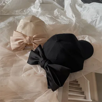 תוספות Dropshipping האופנה המקורי סאטן שחור Bowknot הגברת הגוון כובע בייסבול נשים פנאי הקסדות קאפ