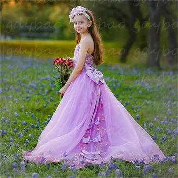 תחרה חתונה פרח ילדה שמלות אפליקציות עם אבנט תינוקות פעוטות ילדים הראשונות קודש שמלת יום ההולדת נשף שמלת מסיבת